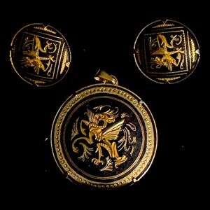 Vintage Damascene Dragon Pendant & Clip-On Earrings